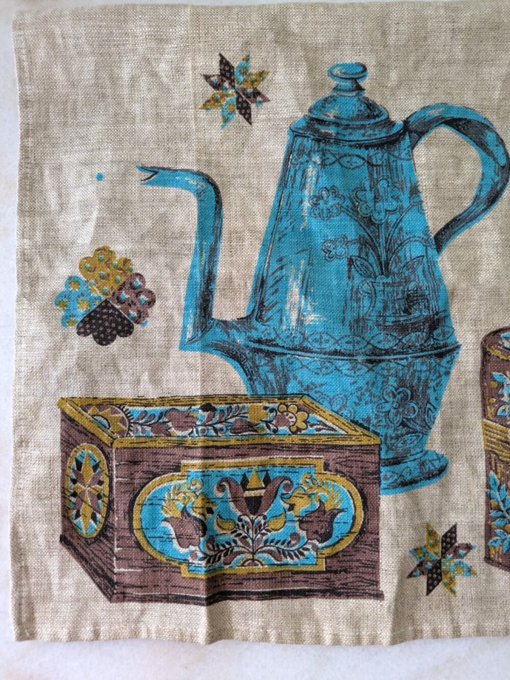 vintage TEAPOT & CANNISTER linen kitchen tea towel - Picture 3 of 5